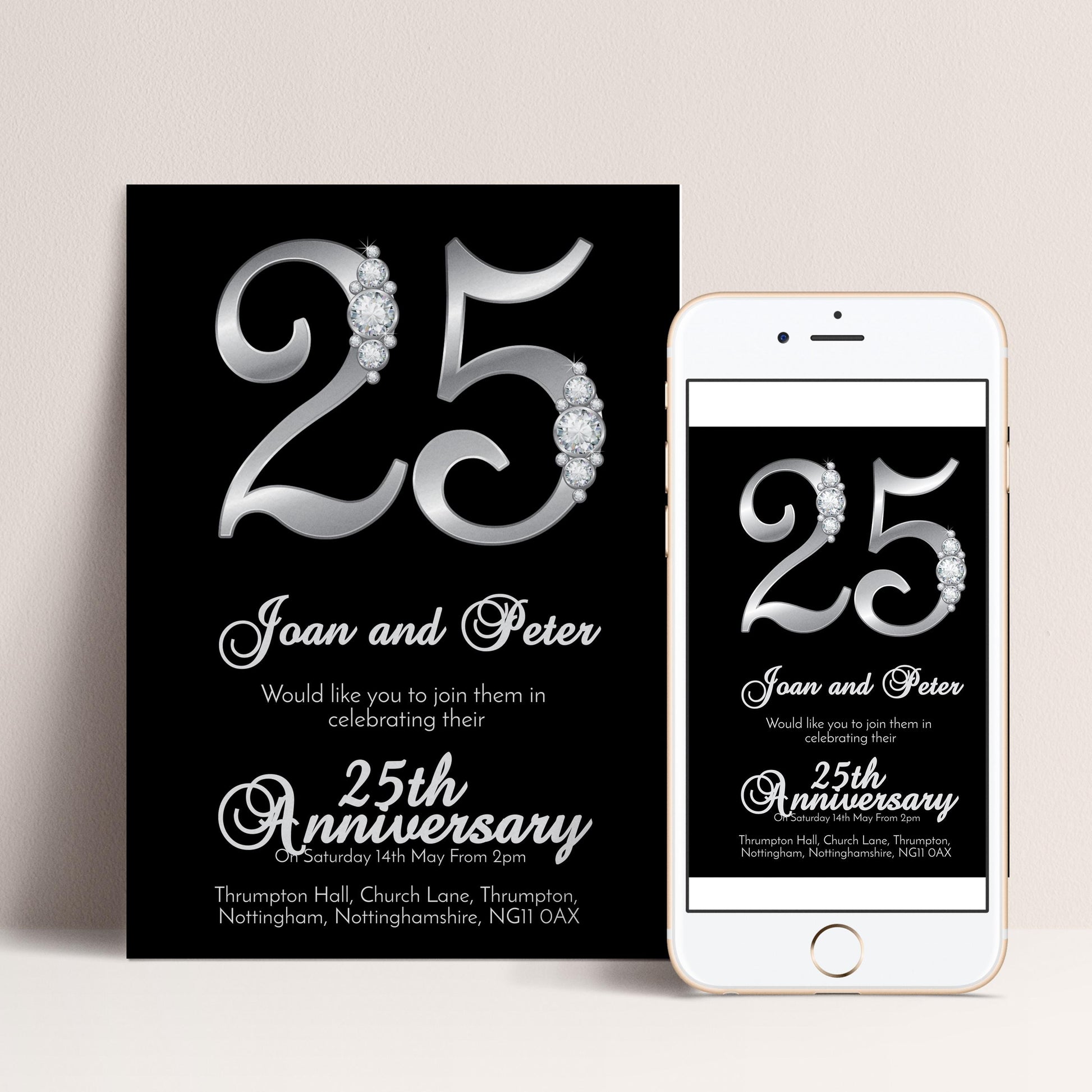 a black and white invitation card and a smartphone displaying an anniversary celebration invitation for Joan and Peter.