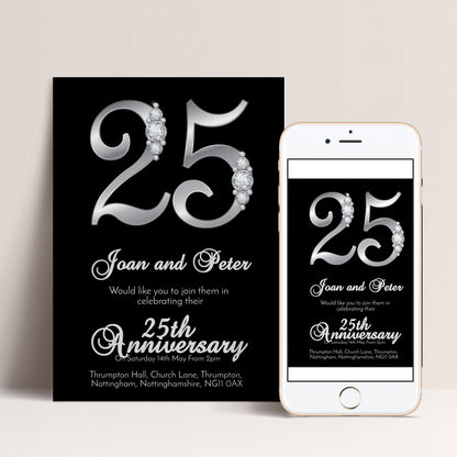 a black and white invitation card and a smartphone displaying an anniversary celebration invitation for Joan and Peter.