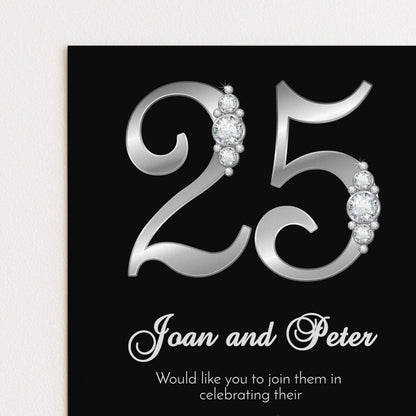 A black and white image featuring the number 25 with a diamond-encrusted design, accompanied by the text "Joan and Peter" and a message inviting the viewer to join them in celebrating their 25th anniversary.