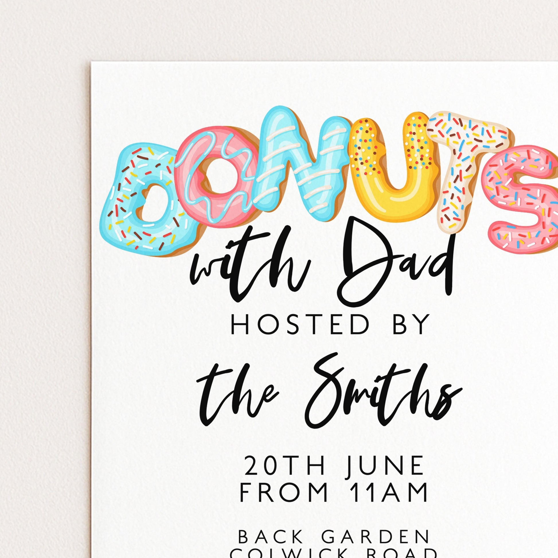The image is a poster or flyer for an event, featuring colorful donuts arranged in the shape of the word "DONUTS" with the text "with Dad Hosted by The Smiths" and the date "20th June from 11am" below.