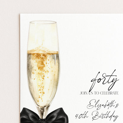 a glass of champagne with a black bow, accompanied by the text " Forty join us to celebrate Elizabeth's 40th birthday".