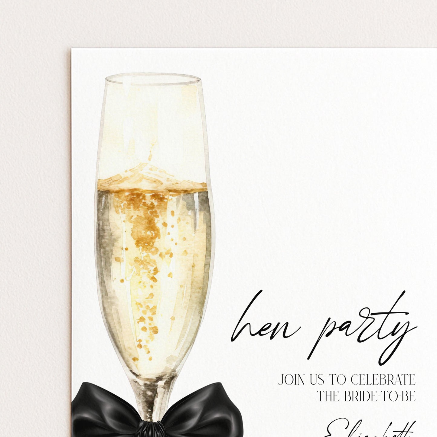 a glass of champagne with a black bow, accompanied by the text "hen party" and "join us to celebrate the bride to be"