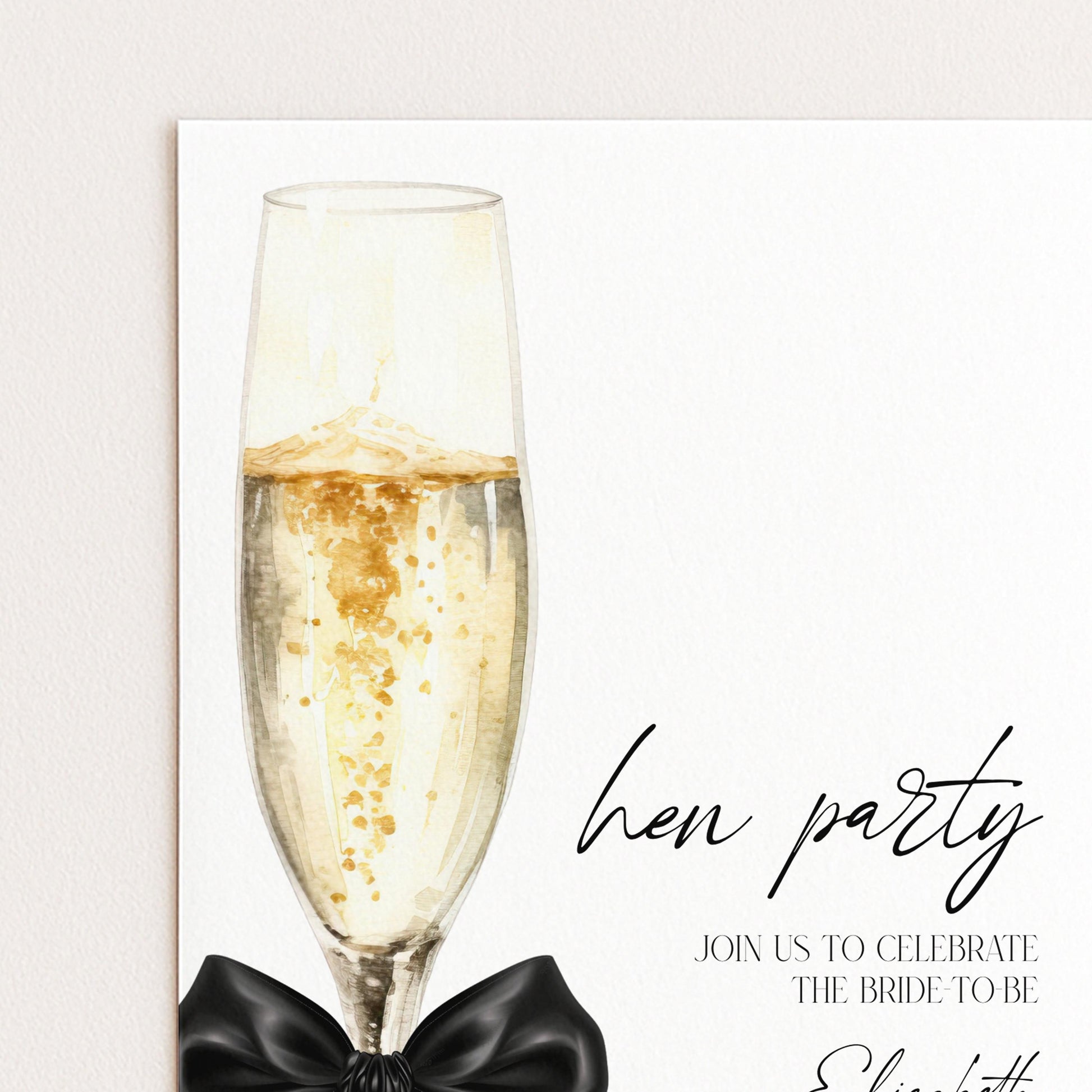 a glass of champagne with a black bow, accompanied by the text "hen party" and "join us to celebrate the bride to be"