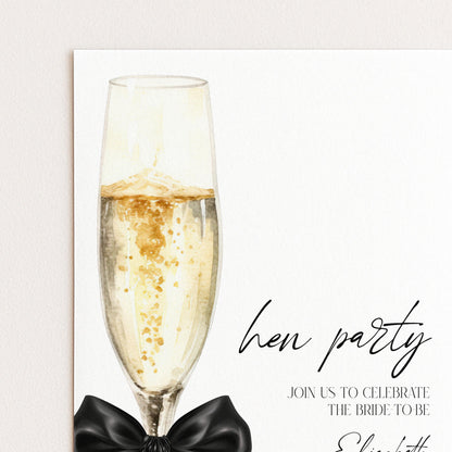 a glass of champagne with a black bow, accompanied by the text "hen party" and "join us to celebrate the bride to be"