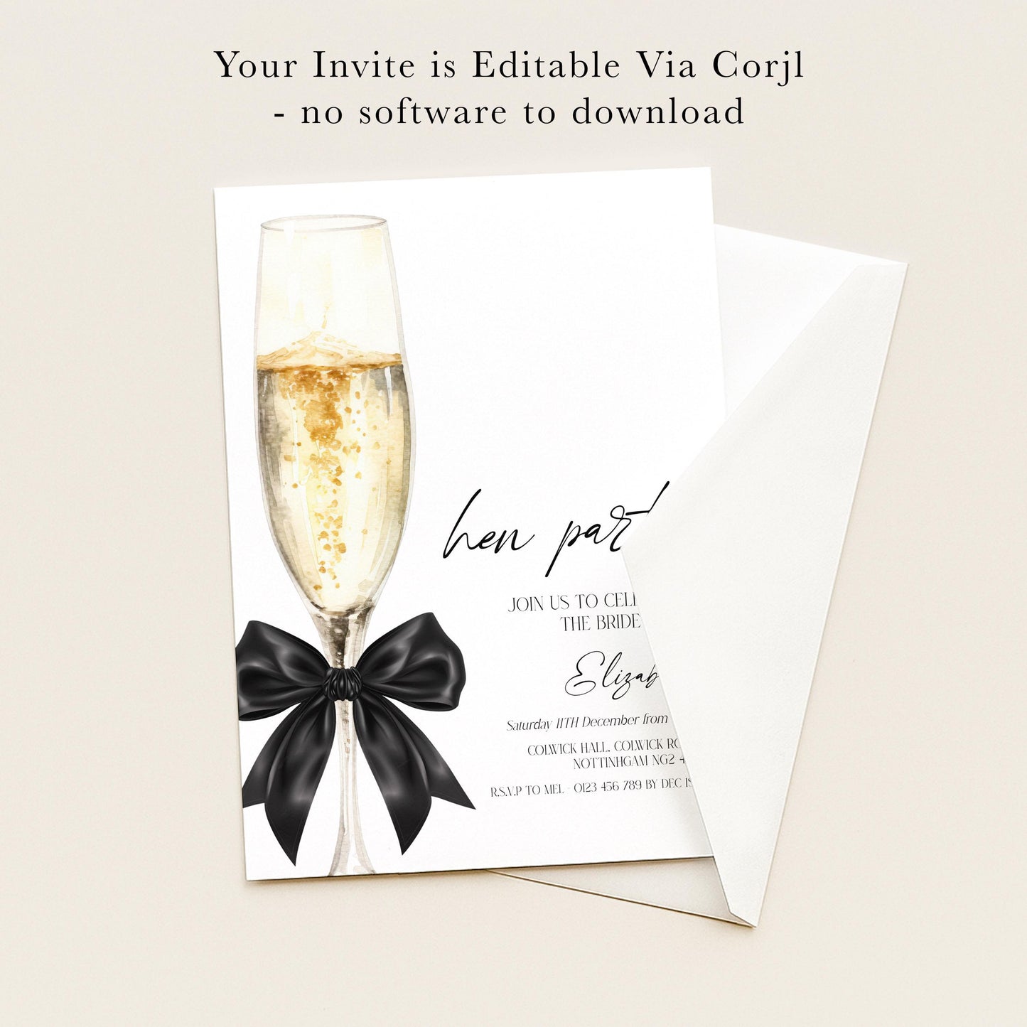 The image is a wedding invitation card with a champagne glass and a black bow, along with text inviting guests to the bride's wedding.