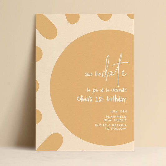The image is a wedding invitation card with a sun-like design and text inviting guests to a birthday celebration.