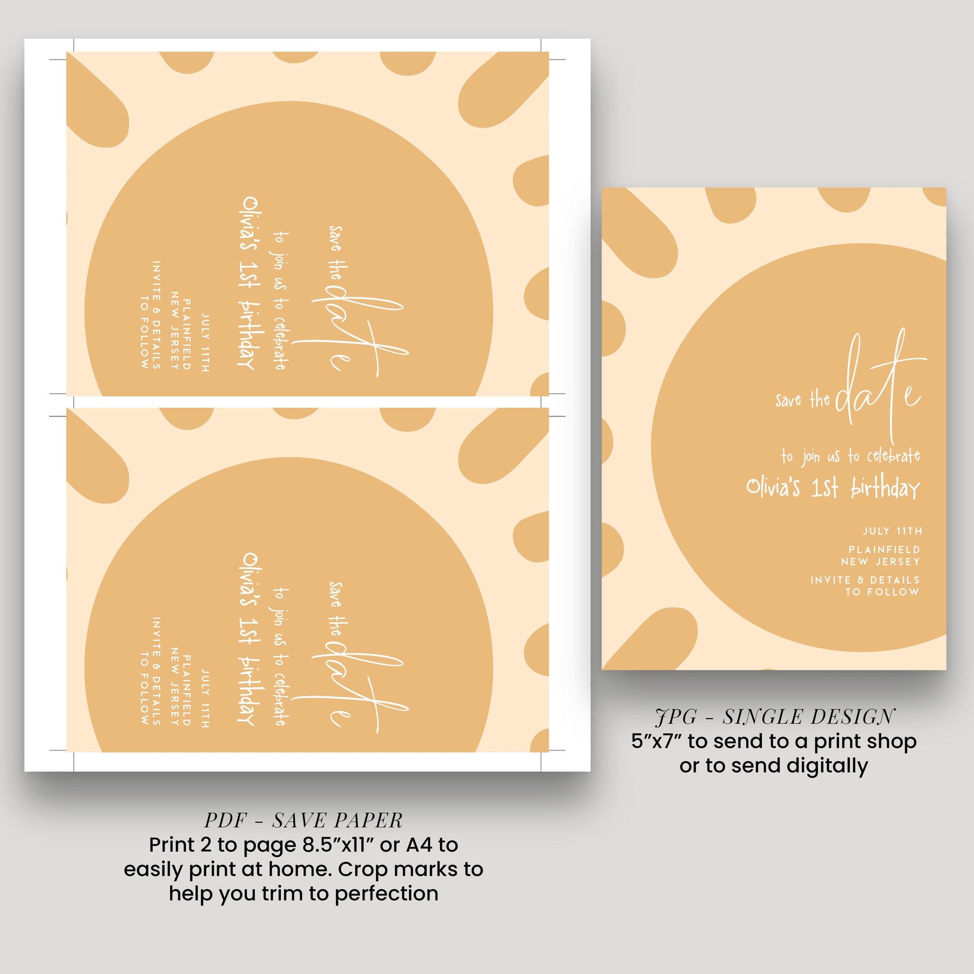 a save the date invitation for a birthday party, featuring a circular design with a pattern of circles and text. The invitation is for a birthday celebration for a child named Oliver, and it is available in both print and digital formats.