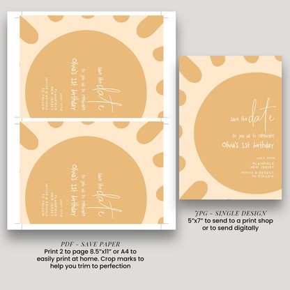a save the date invitation for a birthday party, featuring a circular design with a pattern of circles and text. The invitation is for a birthday celebration for a child named Oliver, and it is available in both print and digital formats.
