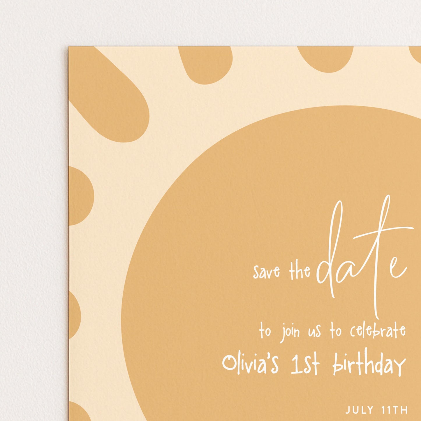 The image is a birthday invitation card for a child's first birthday celebration.