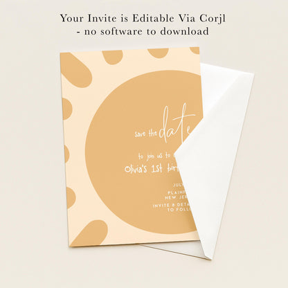 The image is a wedding invitation card with a cream-colored background and a large circular design. The text on the card reads "Save the date to join us to celebrate Olivia's 1st birthday" and "July 16, 2019, NEW JERSEY, INVITE TO Follow".