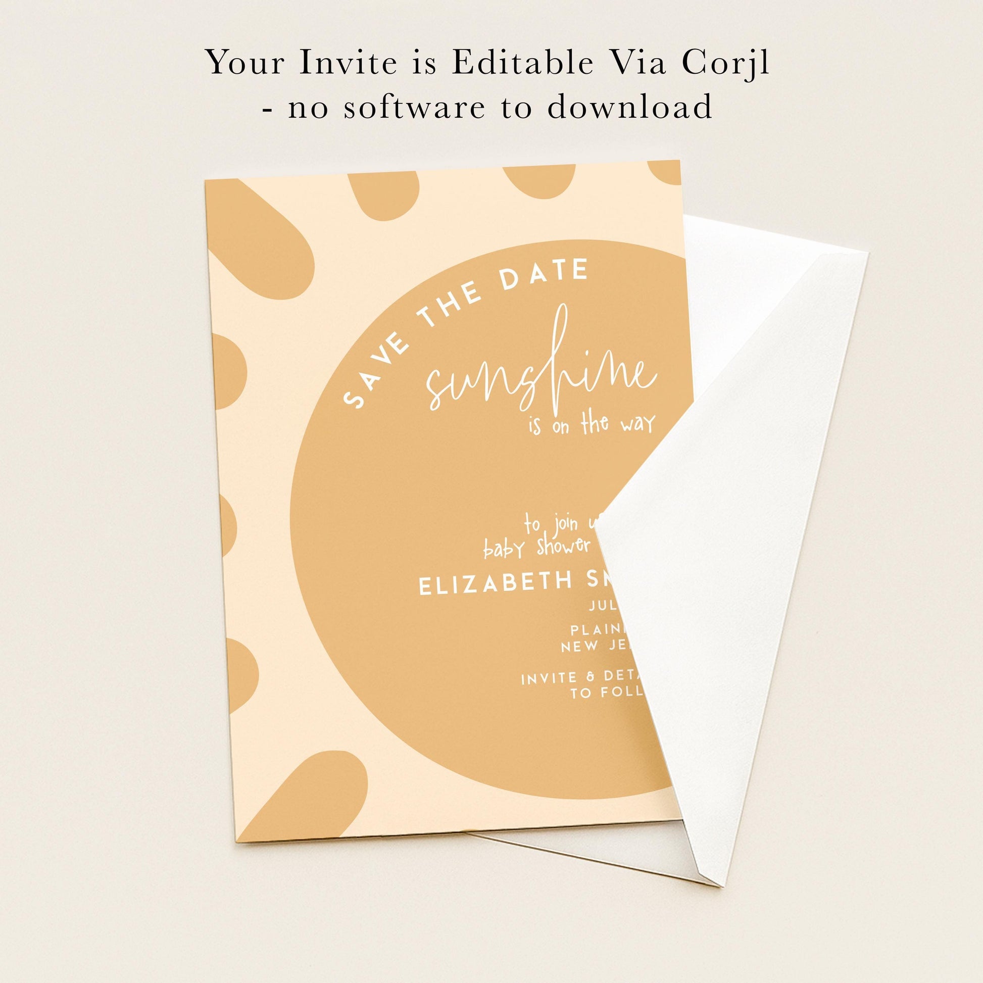 The image is a Save the Date invitation card with a light peach background and a white envelope.