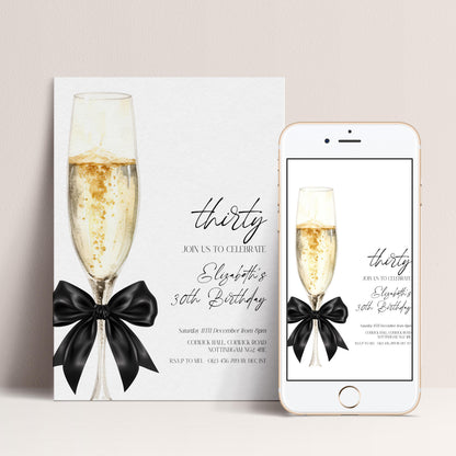 The image is a birthday invitation for a thirty-year-old named Eliza, featuring a champagne glass with a black ribbon and text that reads "Join us to celebrate Eliza's 30th birthday".