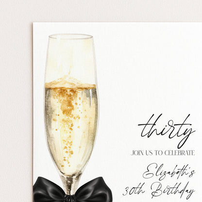 a champagne glass with a black bow, accompanied by the text "thirty" and "Join us to celebrate Elizabeth's 30th Birthday".