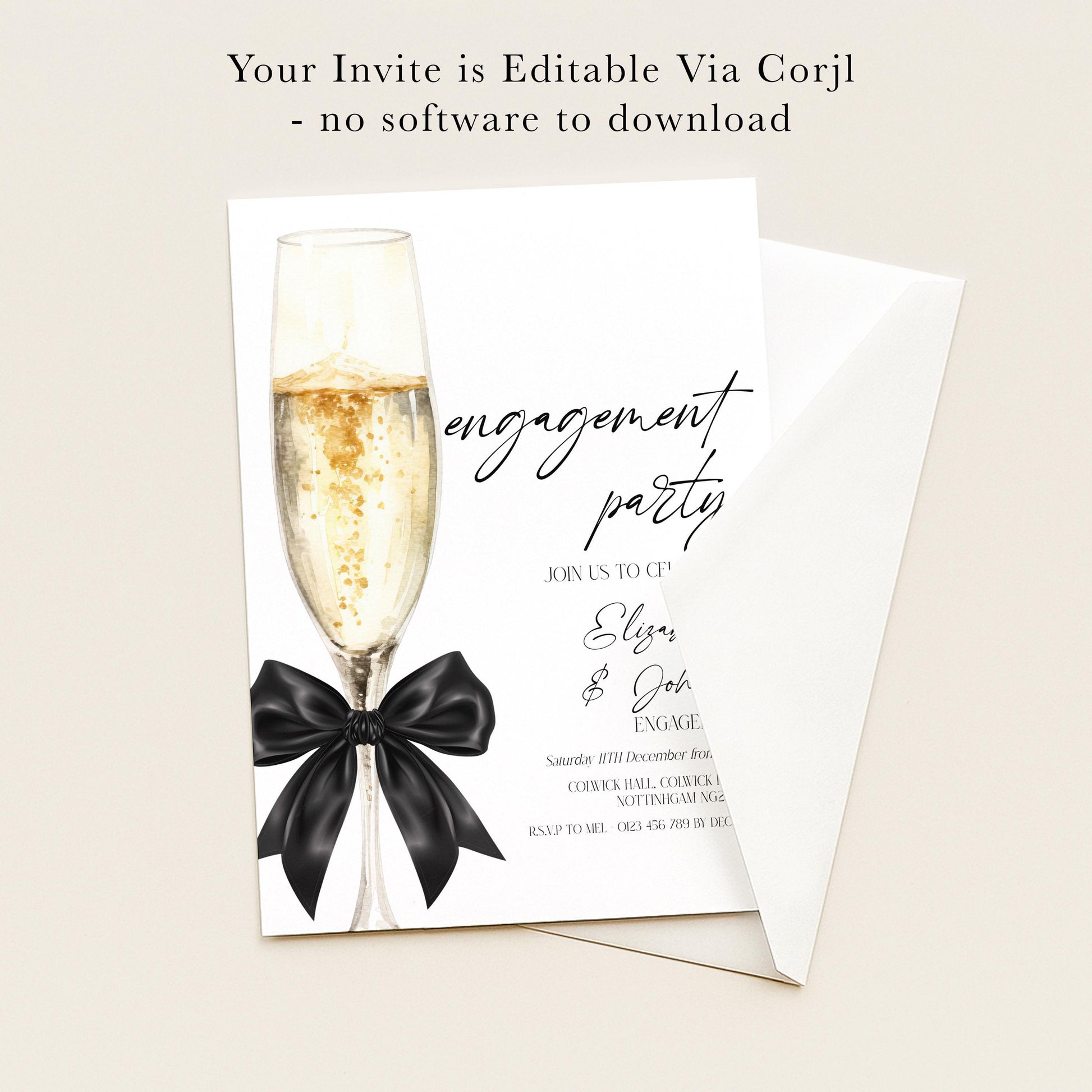 The image is an invitation card for an engagement party, featuring a champagne glass with a black ribbon and text that reads "Your Invite is Editable Via Corjl - no software to download".