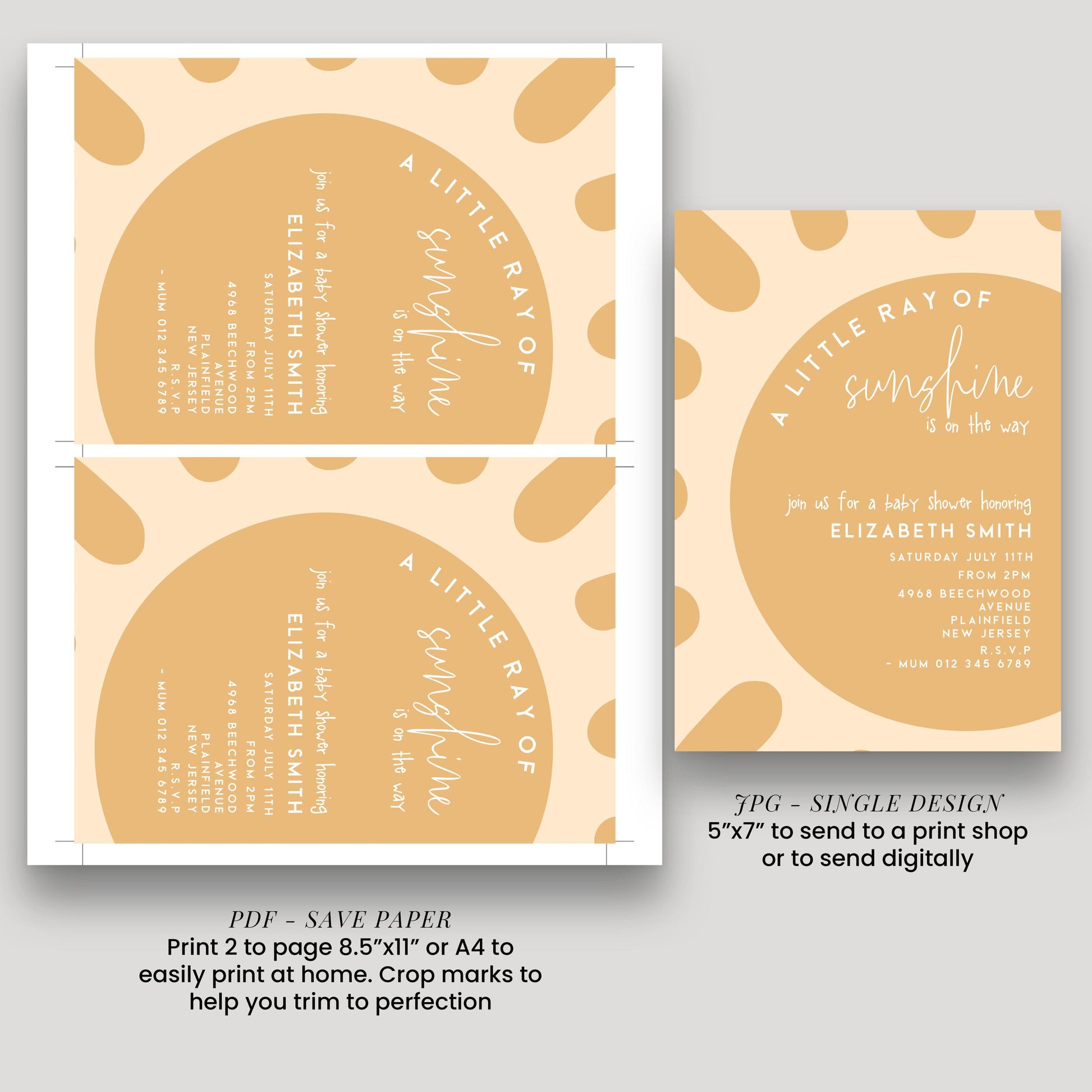 a baby shower invitation with a sun-themed design. The invitation is for a baby shower honoring Elizabeth Smith, and it is printed in a single design. The invitation is available in both print and digital formats, and it includes a list of guests and a list of items to be provided. The invitation also mentions that the baby shower is being held at Elizabeth Smith's home.