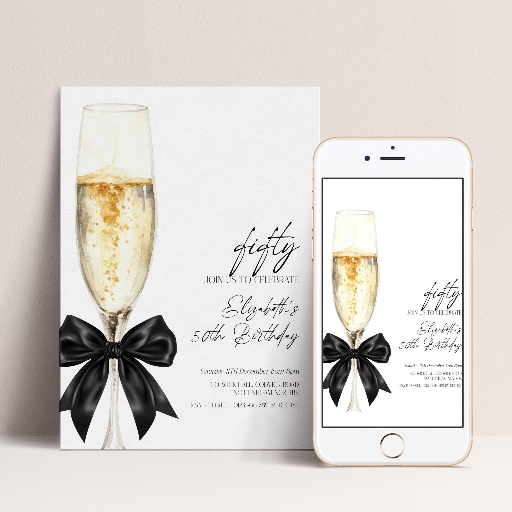 The image is a birthday invitation for a 50th birthday celebration. It features a champagne glass with a black ribbon, and the text invites guests to join the celebration.
