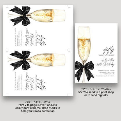 The image is a single design invitation for a birthday celebration, featuring a champagne glass with a black ribbon and bow.