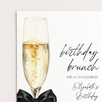 The image is a birthday brunch invitation featuring a glass of champagne with a black bow, accompanied by the text "Join us to celebrate Elizabeth's Birthday".