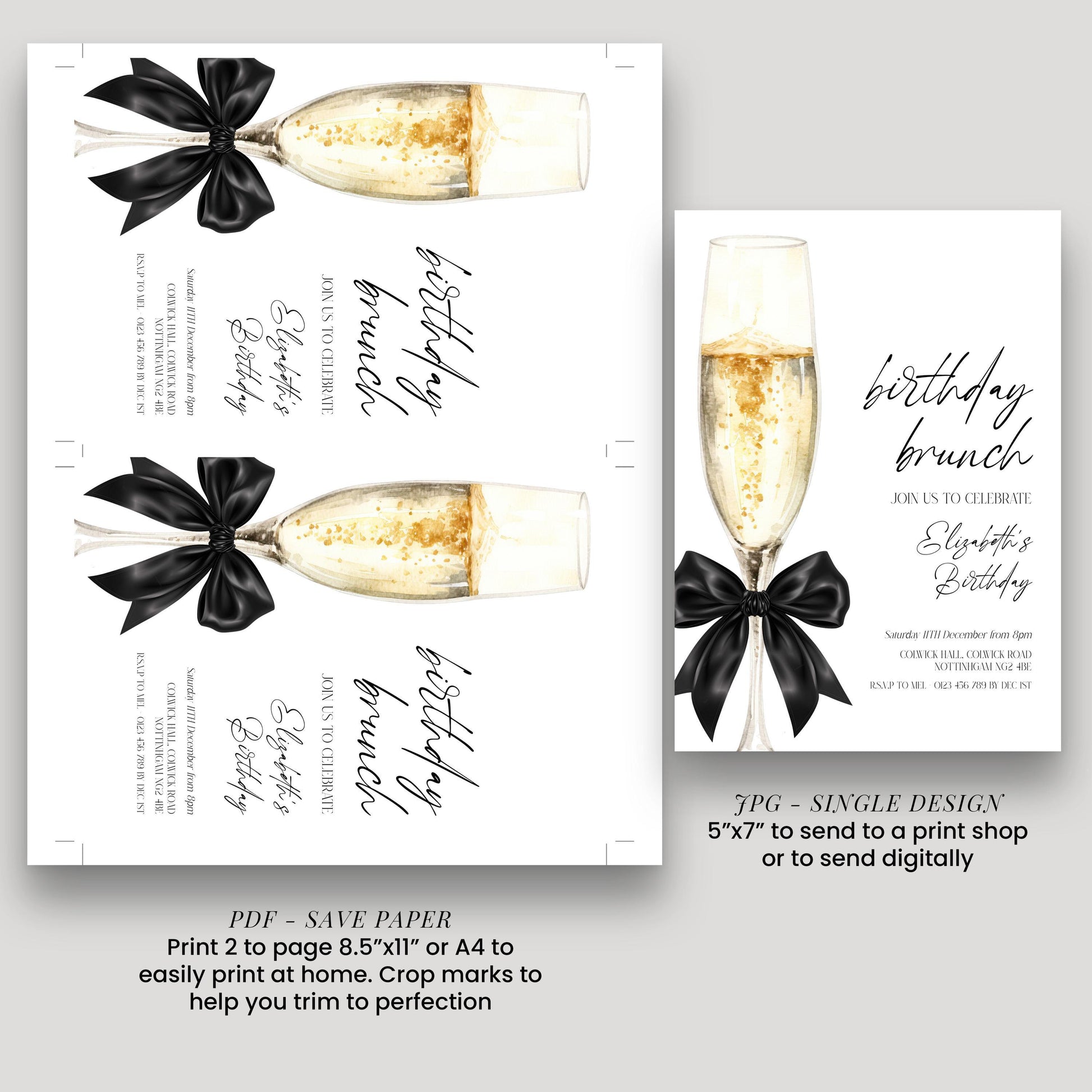 The image is a birthday brunch invitation featuring champagne glasses with black bows, and it includes details about the event, such as the date, time, location, and RSVP instructions.