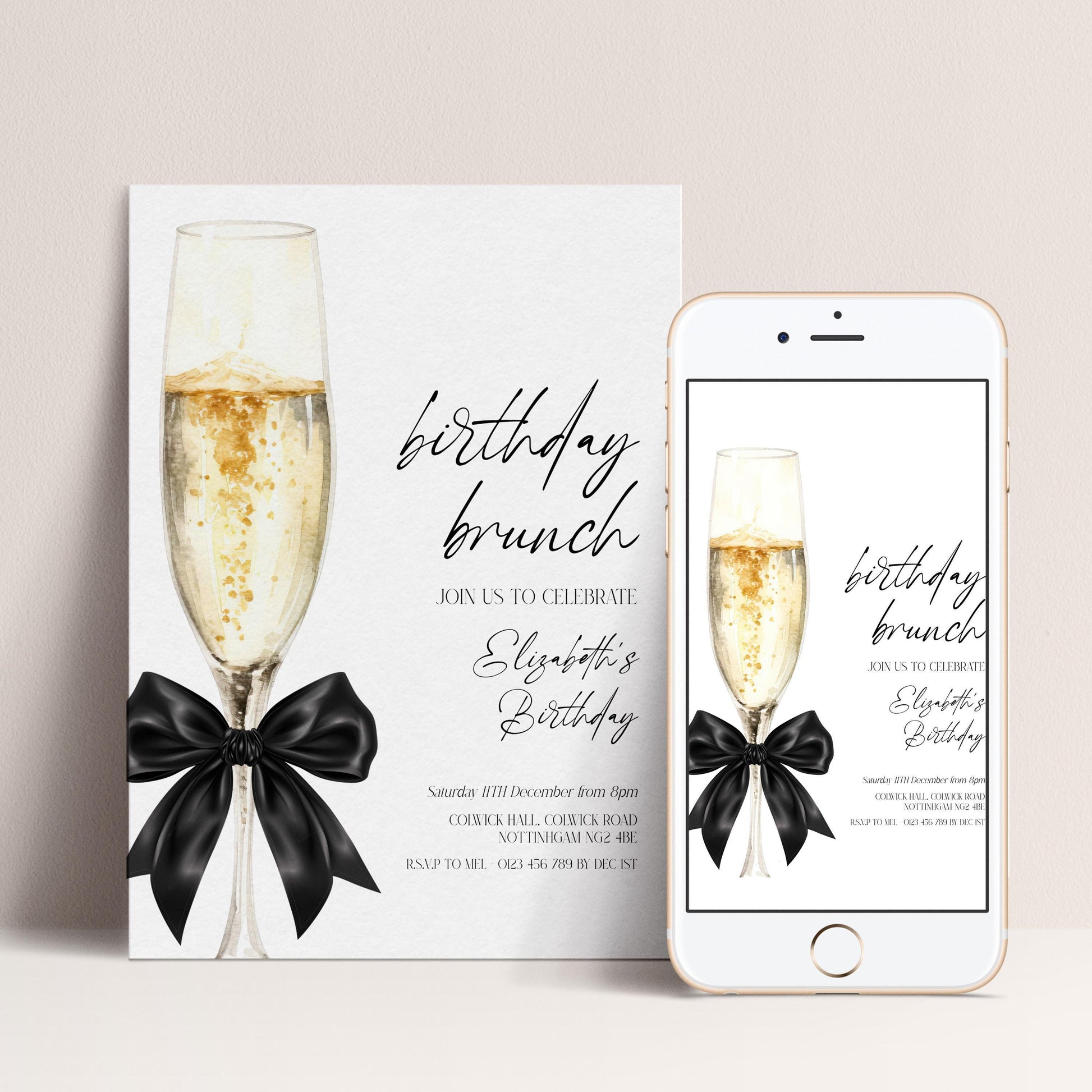 The image is a birthday brunch invitation featuring a champagne glass with a black ribbon, accompanied by text and a smartphone image of the same invitation.