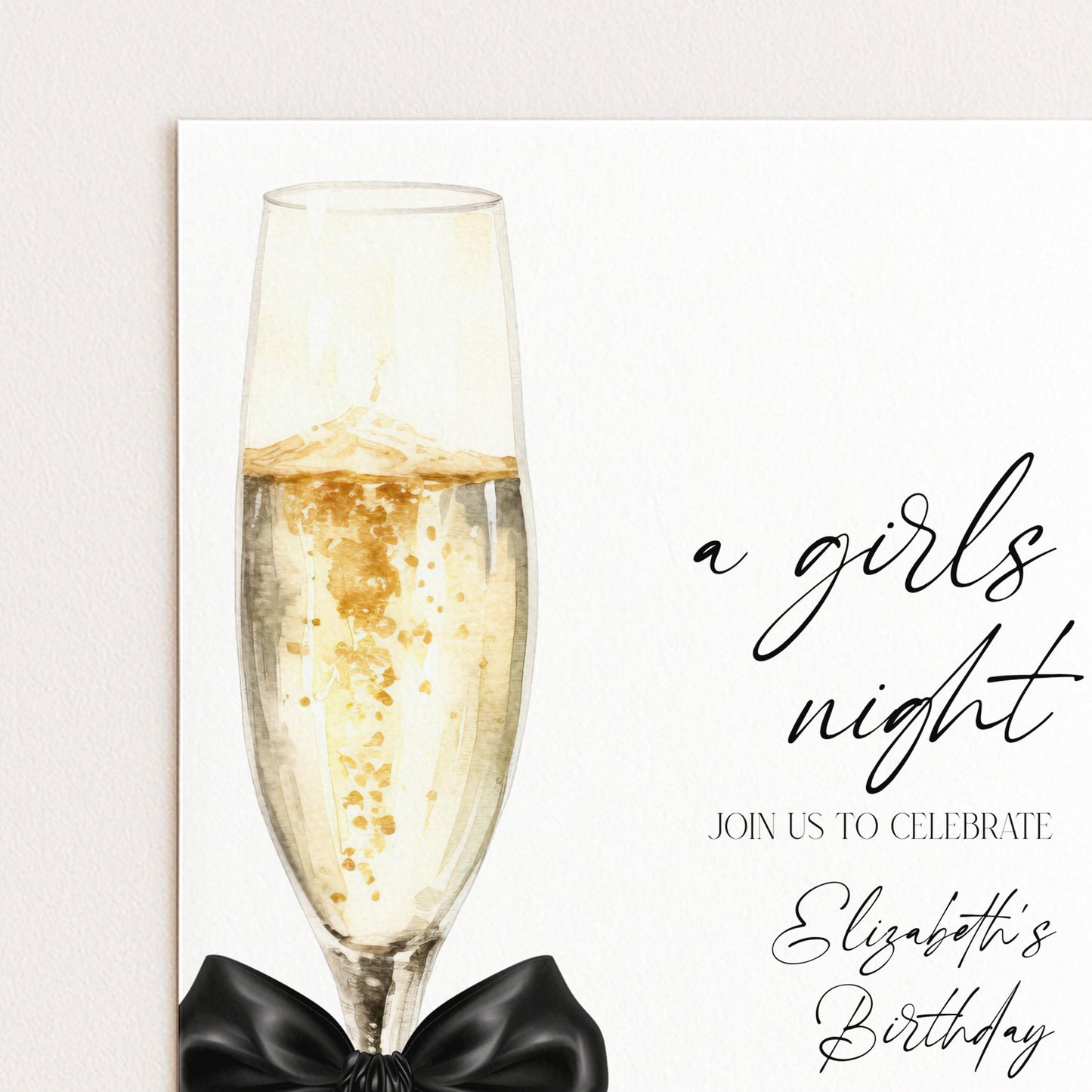 A glass of champagne with a black bowtie, accompanied by the text "a girls night" and "Join us to celebrate Elizabeth's birthday".