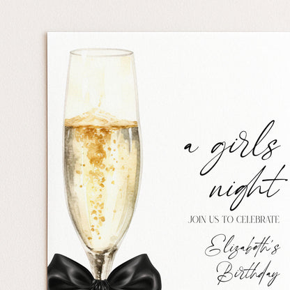 A glass of champagne with a black bowtie, accompanied by the text "a girls night" and "Join us to celebrate Elizabeth's birthday".