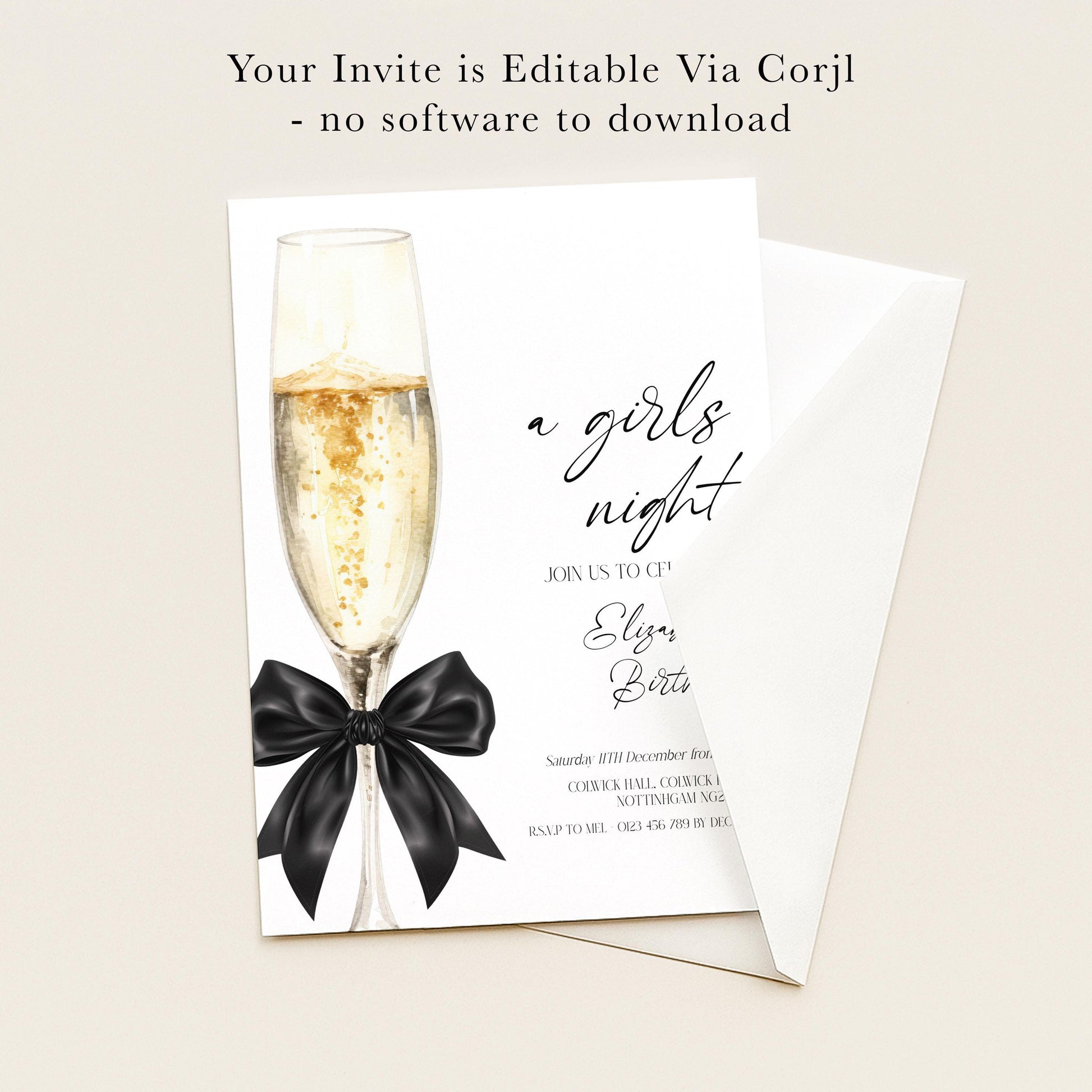 A champagne glass with a black ribbon, accompanied by the text "a girls night" and "JOIN US TO CP" on a white invitation card.
