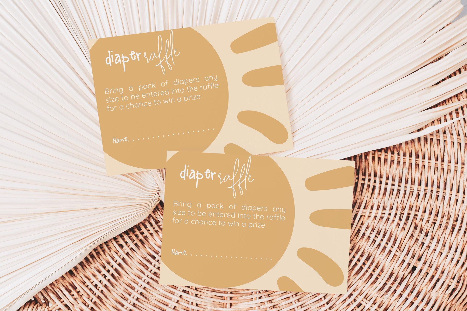 two beige cards with text and illustrations, placed on a woven surface.