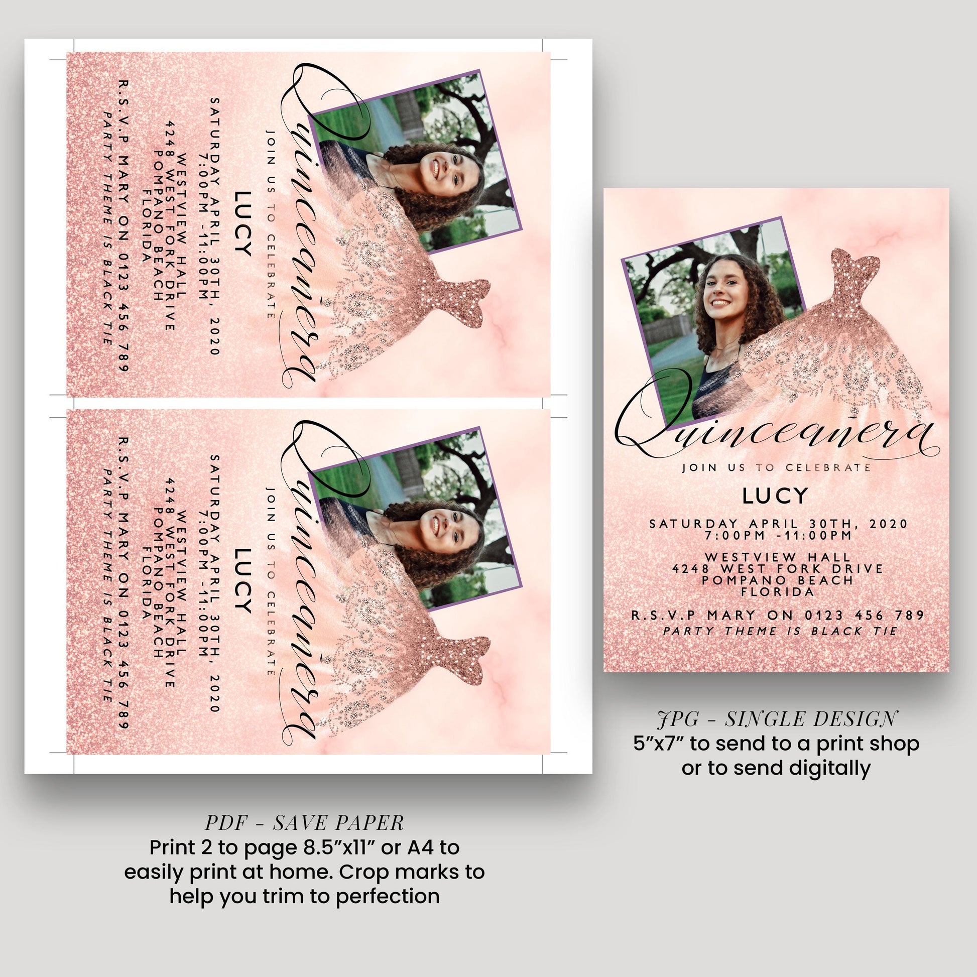 a pink and white invitation card for a quinceañera celebration. The card features a photo of a young woman in a pink dress and includes text inviting guests to join the celebration.