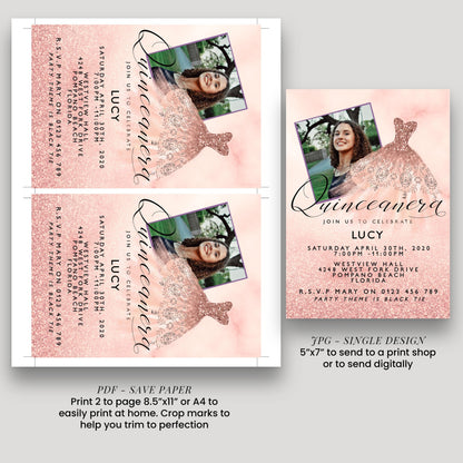 a pink and white invitation card for a quinceañera celebration. The card features a photo of a young woman in a pink dress and includes text inviting guests to join the celebration.