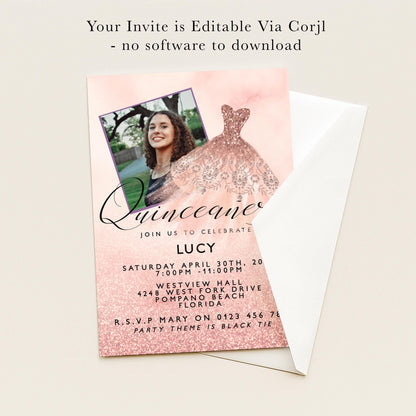The image is a pink invitation card for a quinceanera celebration. It features a photo of a young woman in a pink dress and includes details about the event, such as the date, time, location, and RSVP information.