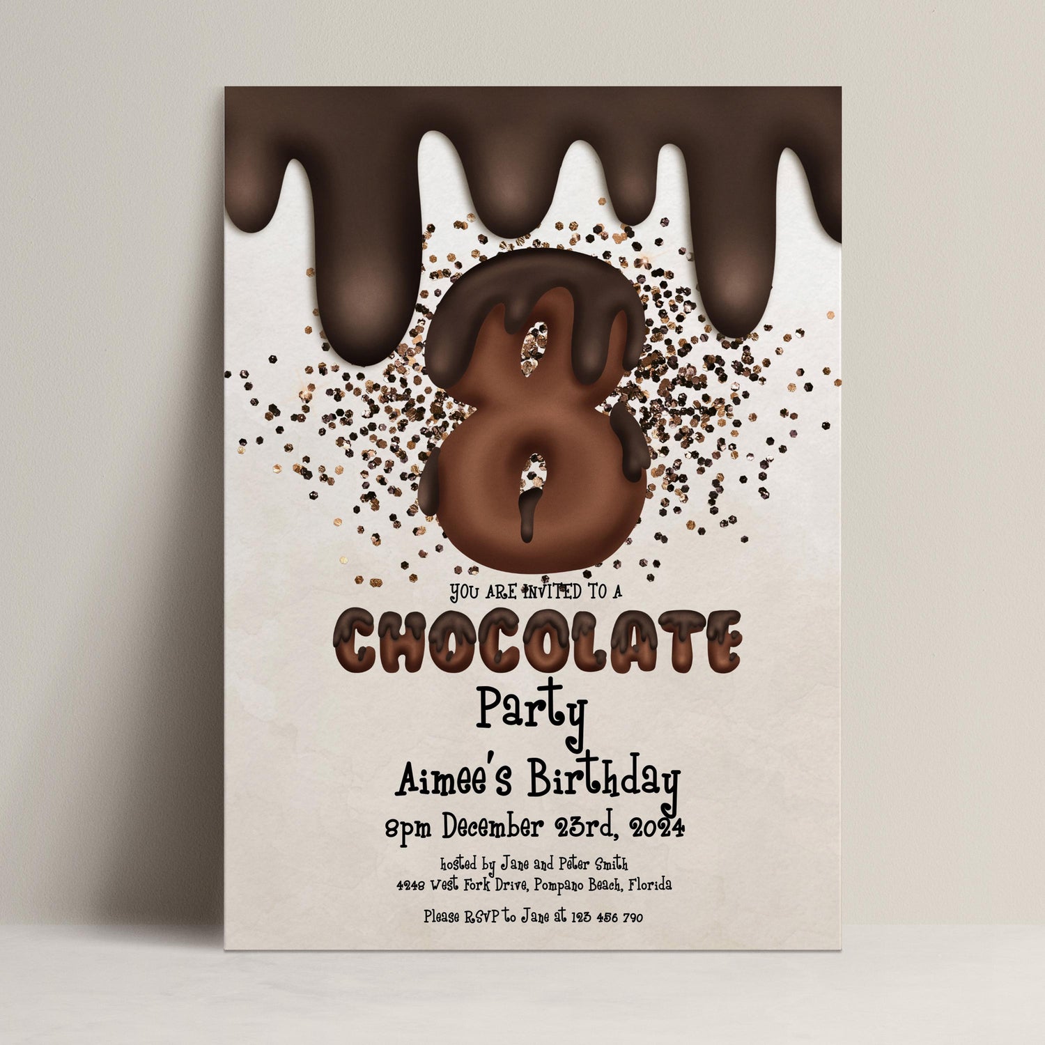 The image is a birthday party invitation for a chocolate-themed party, specifically for a child's 8th birthday.