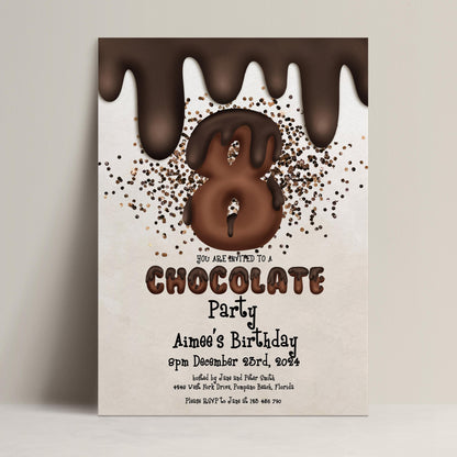 The image is a birthday party invitation for a chocolate-themed party, specifically for a child's 8th birthday.