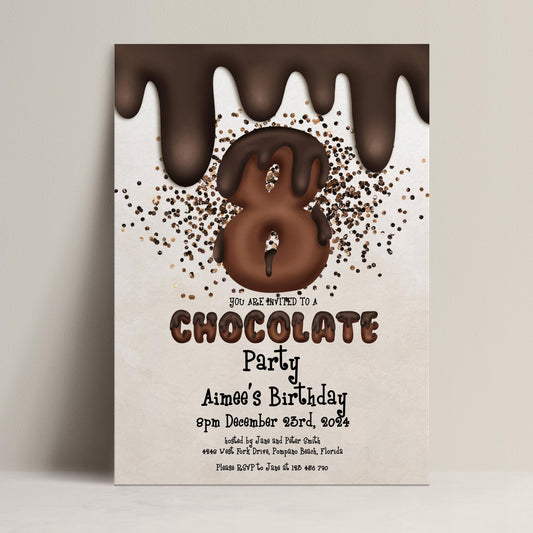 The image is a birthday party invitation for a chocolate-themed party, specifically for a child's 8th birthday.