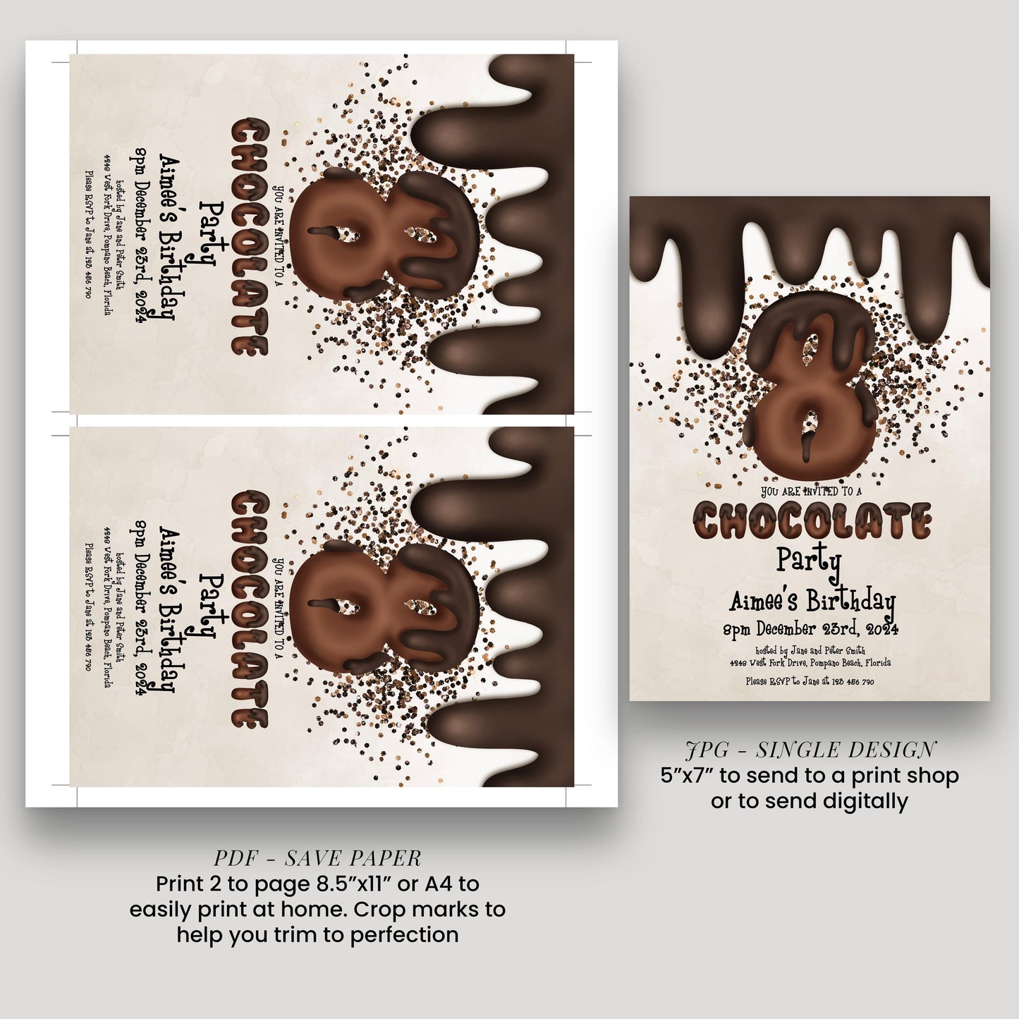 The image is a birthday invitation for a chocolate party, featuring a chocolate cake with chocolate drips and chocolate sprinkles.