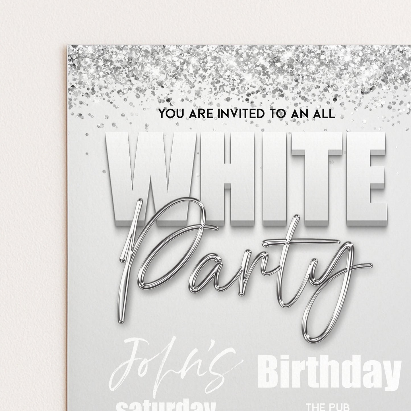 The image is a birthday party invitation with a white background and silver glitter accents.