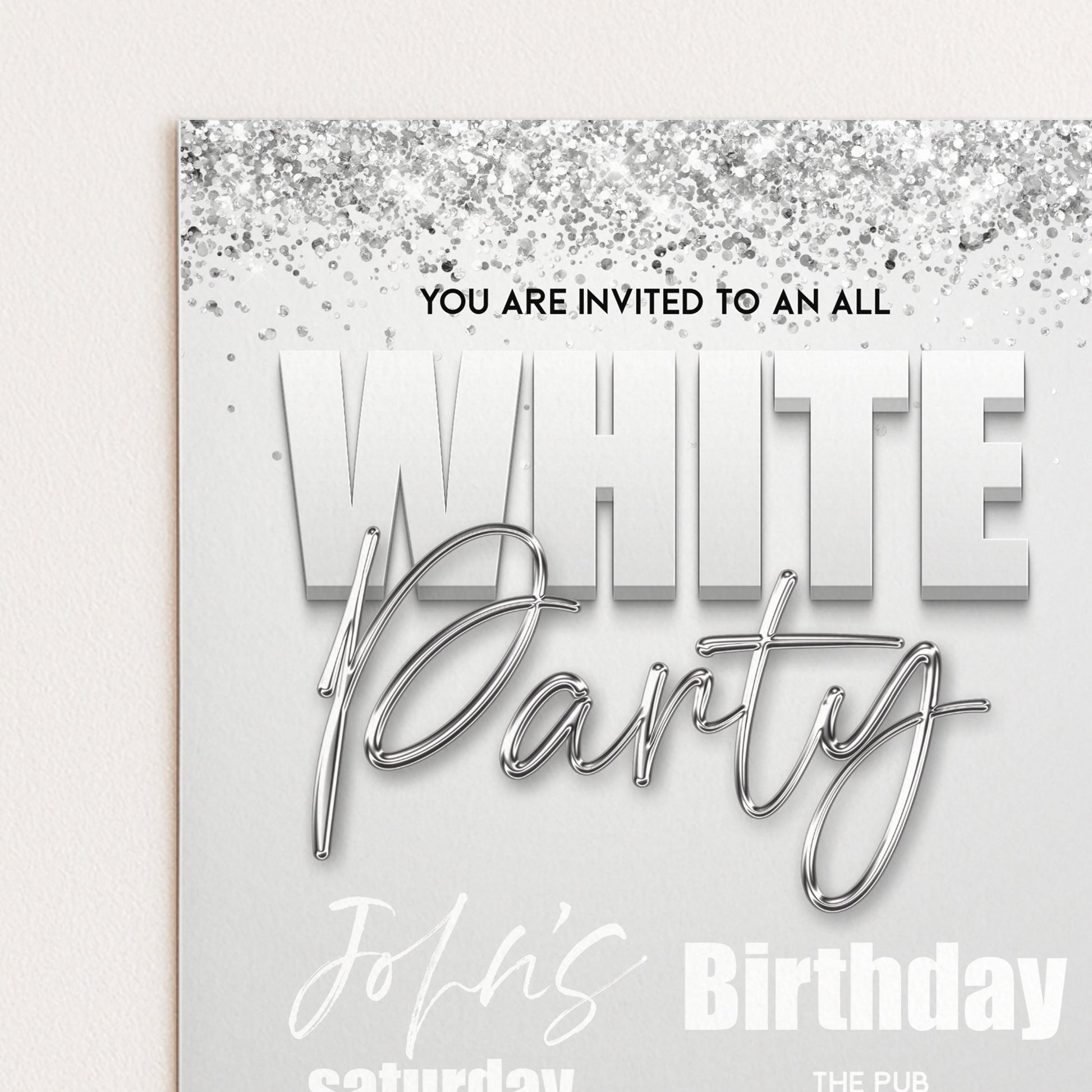 The image is a birthday party invitation with a white background and silver glitter accents.