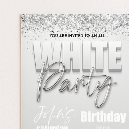 The image is a birthday party invitation with a white background and silver glitter accents.