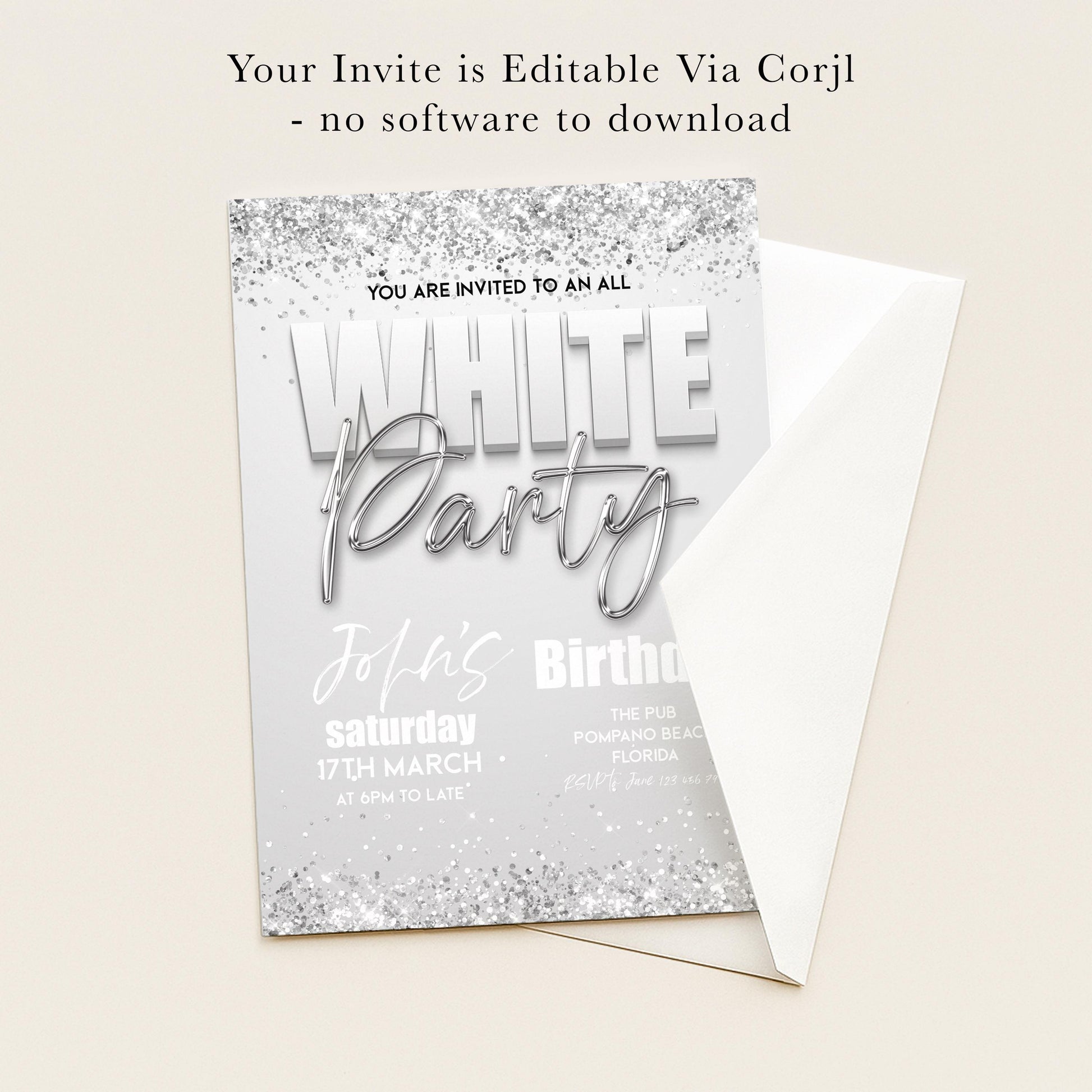 The image is a birthday party invitation for John's birthday party on Saturday, 17th March at 6 PM to late, at The Pub, Pompano Beach, Florida.