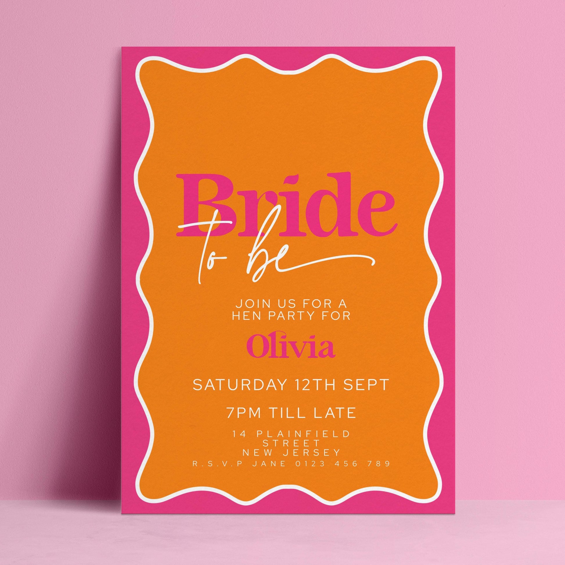 The image is a vibrant invitation card for a bridal party, featuring a bold orange and pink color scheme.