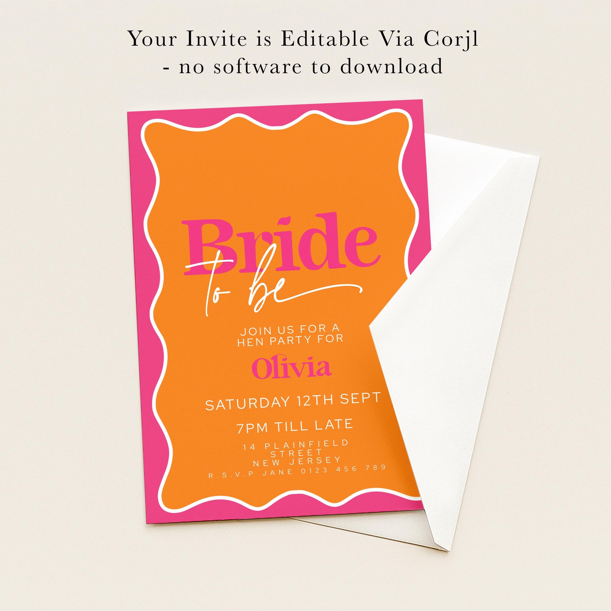The image is a wedding invitation card with a pink and orange color scheme.