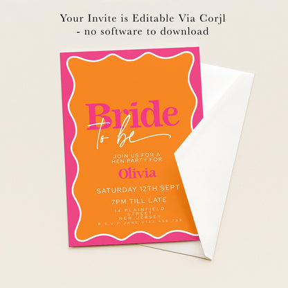 The image is a wedding invitation card with a pink and orange color scheme.