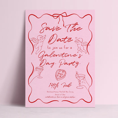 The image is a pink invitation card for a Galentine's Day party.