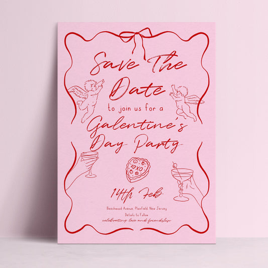 The image is a pink invitation card for a Galentine's Day party.