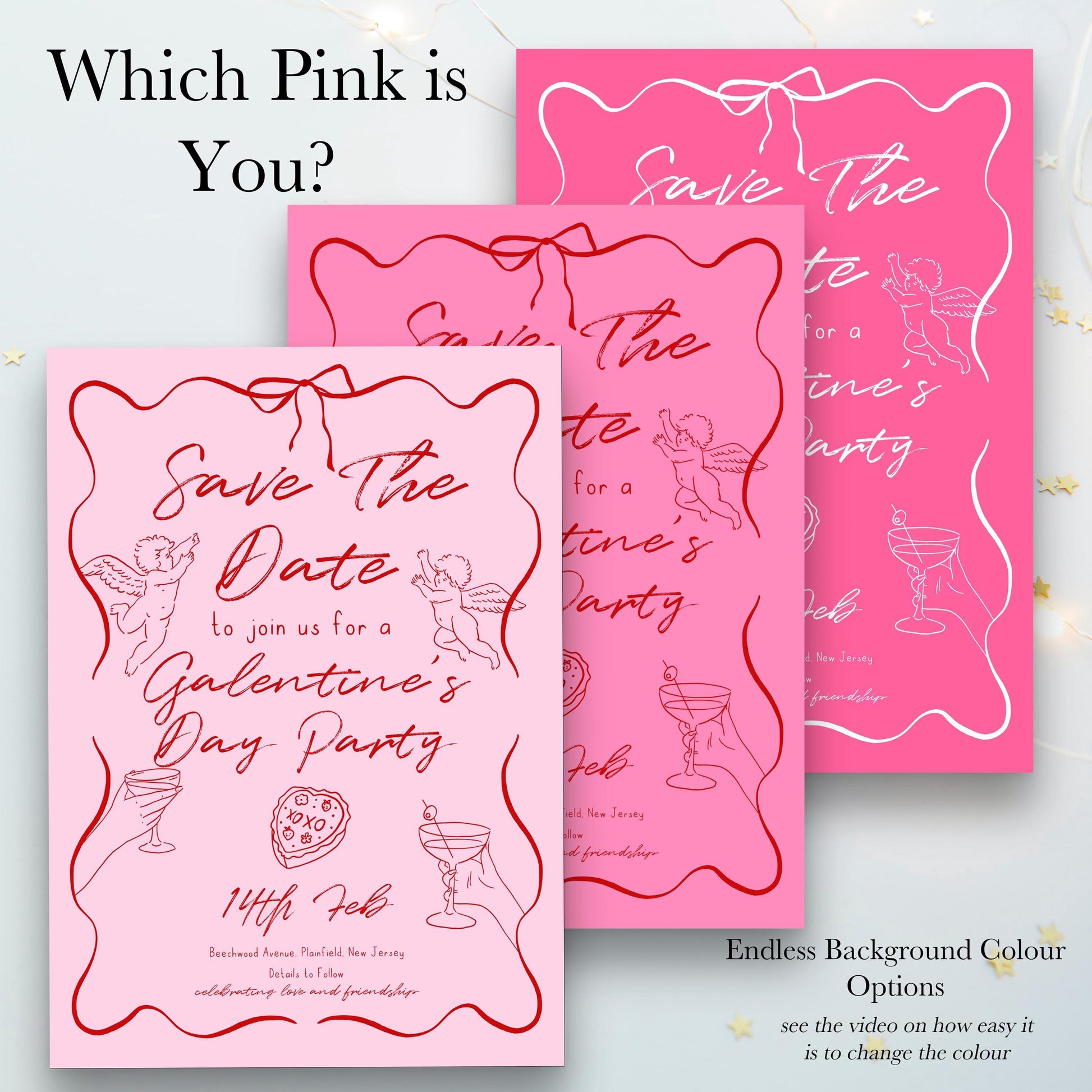 three pink invitation cards with the text "Save the Date" and "Save the Date for a Galentine's Day Party" printed on them. The cards are arranged in a row, with the first card being pink and the other two being pink with a white background.