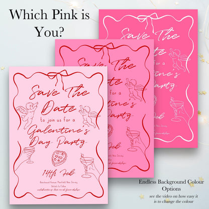 three pink invitation cards with the text "Save the Date" and "Save the Date for a Galentine's Day Party" printed on them. The cards are arranged in a row, with the first card being pink and the other two being pink with a white background.