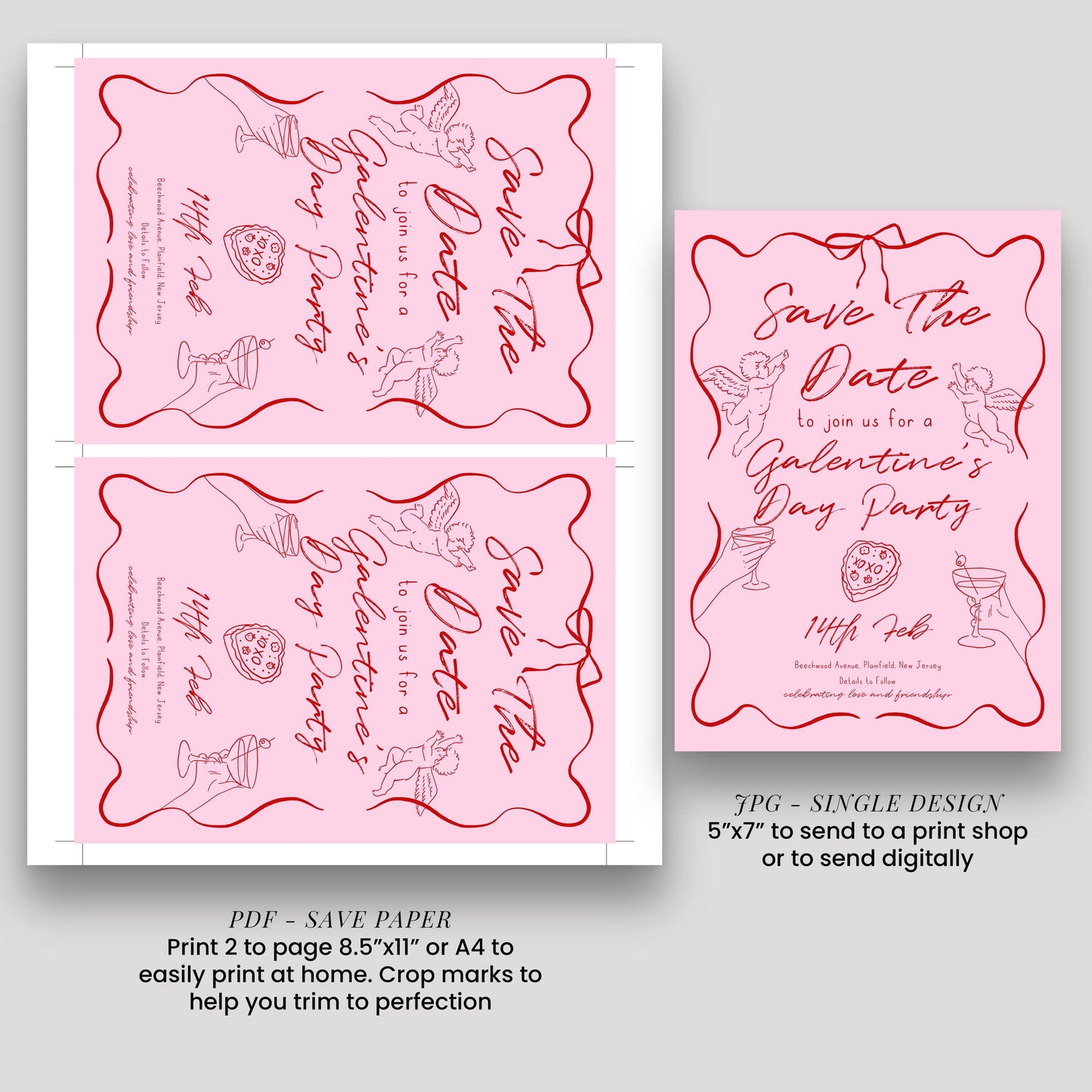 a set of three pink and red wedding save the dates cards