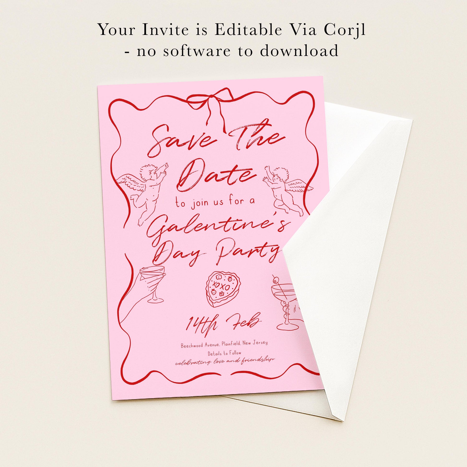 The image is a pink invitation card with a pink background and red text, inviting guests to a Galentine's Day party.
