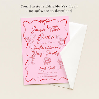 The image is a pink invitation card with a pink background and red text, inviting guests to a Galentine's Day party.
