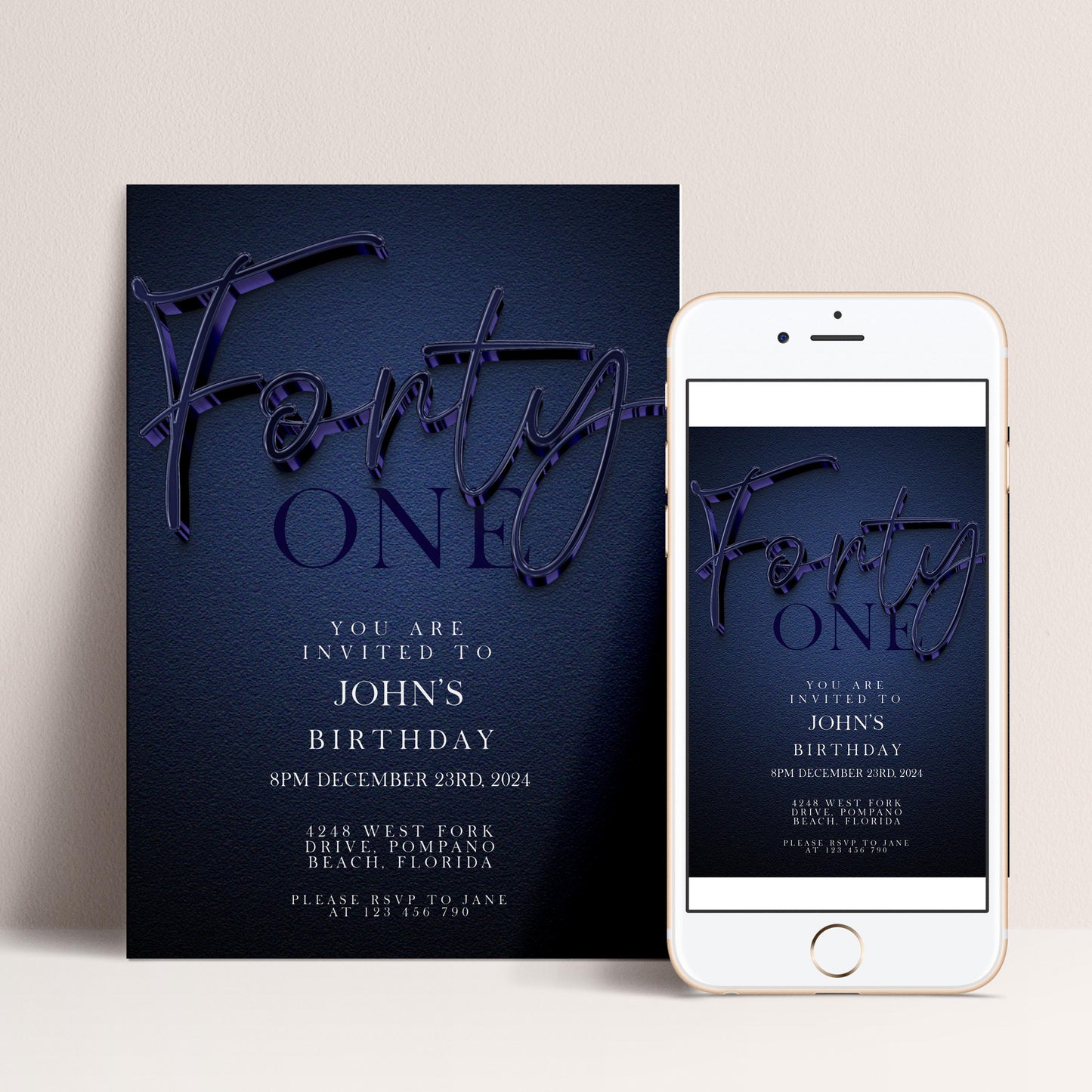 The image is a birthday invitation for John's birthday, featuring a dark blue background with the text " Forty One" prominently displayed. The invitation is for a party on December 23rd, 2034, at the beach in Florida.